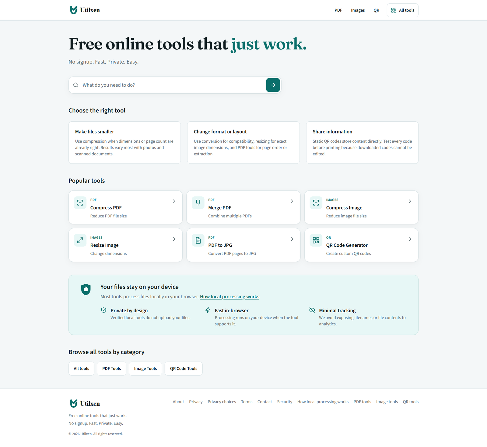 Utilxen homepage listing the full suite of PDF, image, and QR tools
